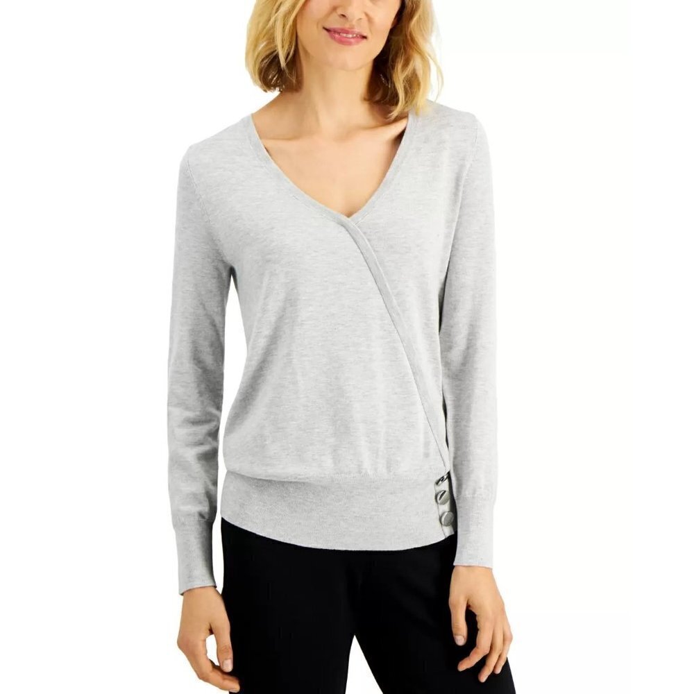 Jm Collection Womens Size XL Surplice Faux Wrap V Neck Sweater Gray Heather 1592
